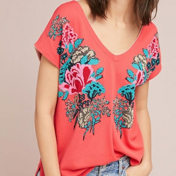 Anthropologie Tops - Anthro Aldomartins Floral V-Neck Pullover Top